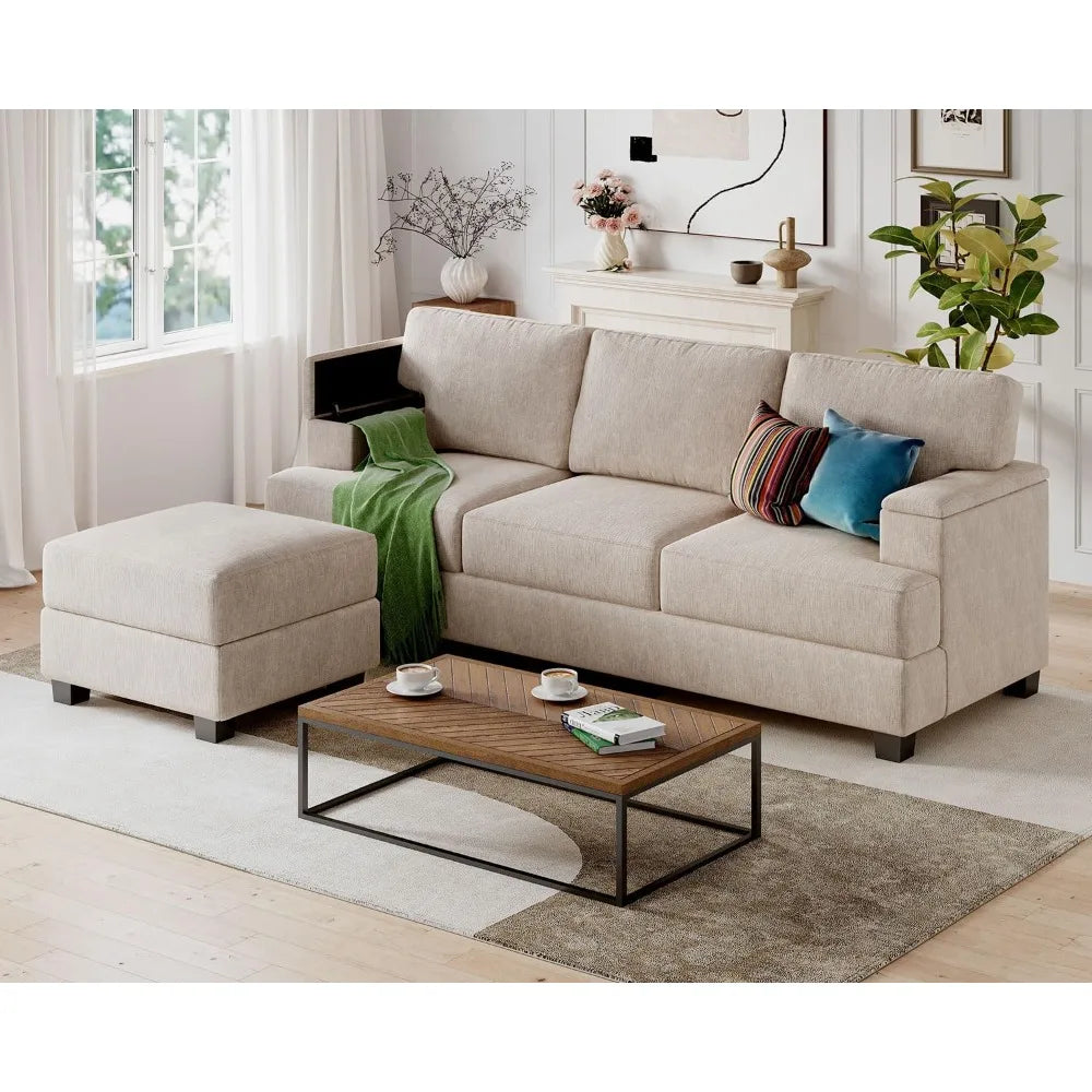 85 Inch L Shaped Couch With Movable Ottoman Chenille Sectional Sofa