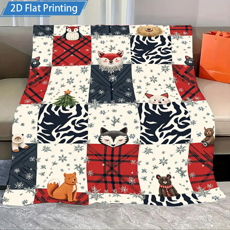 Christmas Animal Print Flannel Blanket Cozy Polyester Bedding