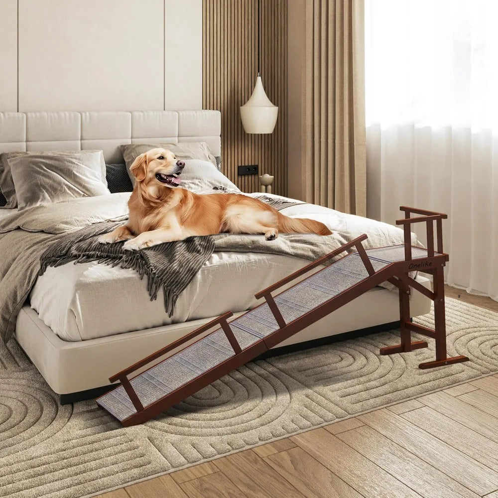 Wooden Dog Ramp for Bed with Removable Side Rail and Non Slip Carpet