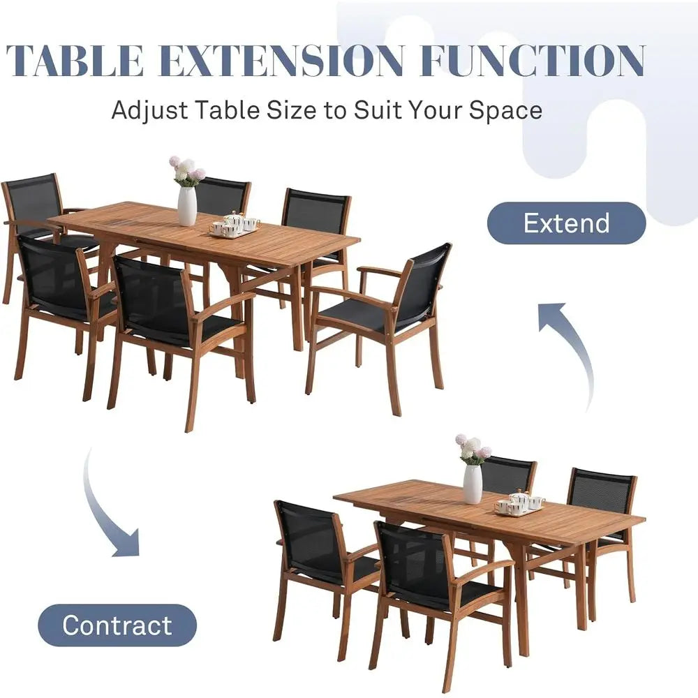 6 To 8 Seater Acacia Wood Dining Set With Expandable Table And Textilene Chairs