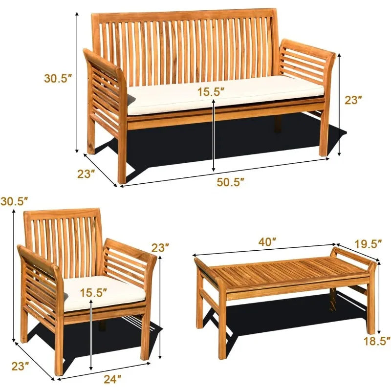 4 Piece Outdoor Acacia Wood Sofa Set With Water Resistant Cushions And Table