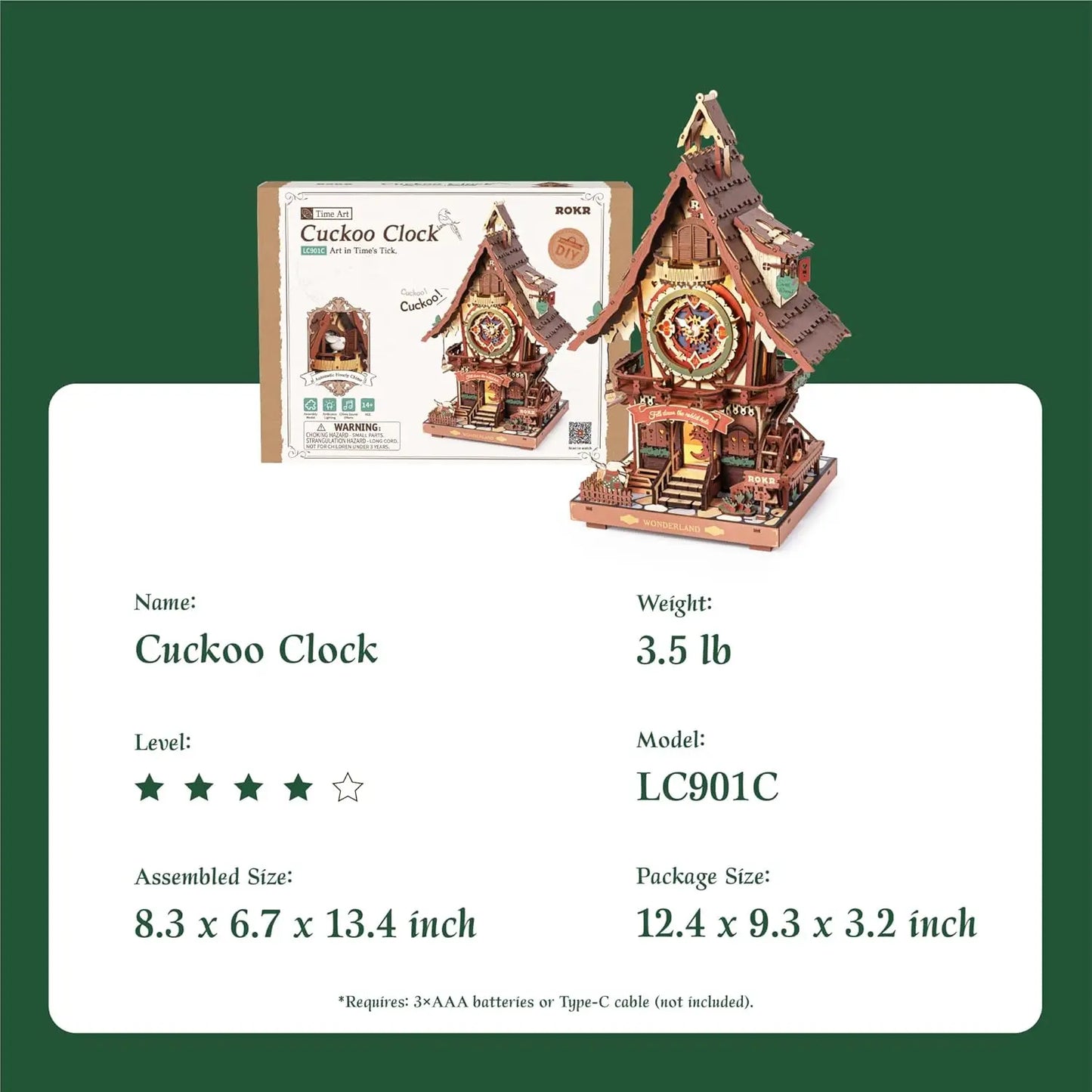 Robotime Rokr 3D Wooden Puzzle Cuckoo Clock Kit Black Forest Style Working Bird