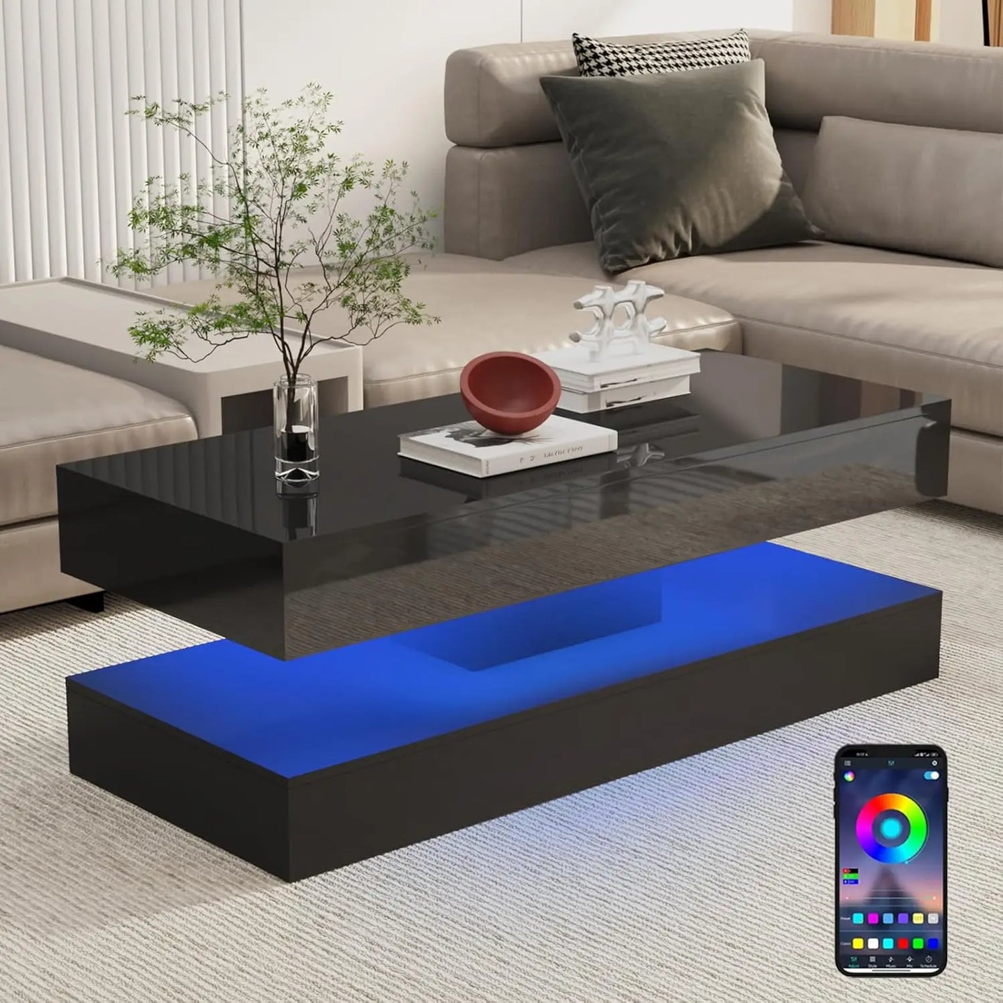 Modern Coffee Table With LED Lights And Storage Drawers