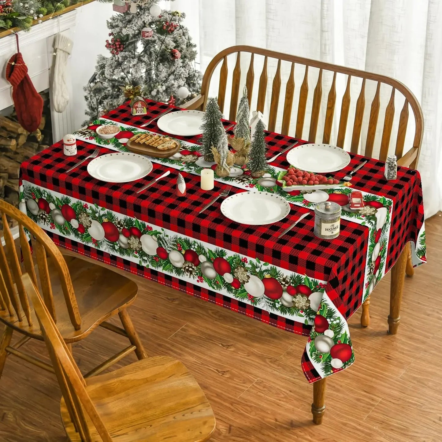 Buffalo Plaid Christmas Rectangular Tablecloth Red Reusable