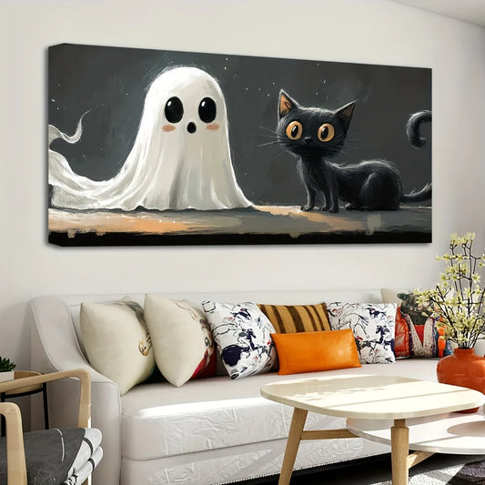 Whimsical Halloween Wall Art In Pine Wood Frame With Cute Black Cat