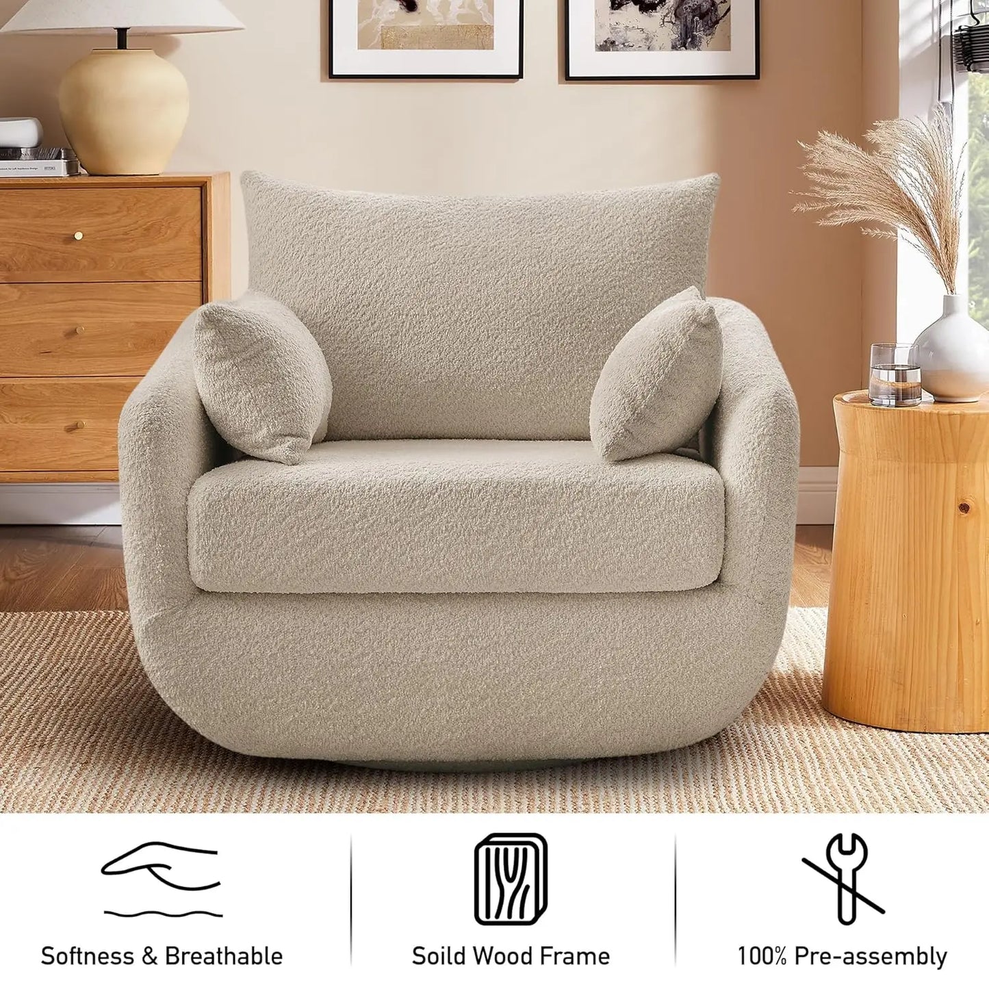 360 Degree Swivel Armchair Oversized Sherpa Boucle With Removable Back Pillows
