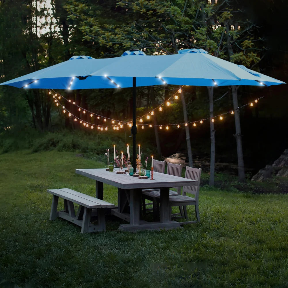 15 X 9 Ft Large Double Sided Rectangular Outdoor Twin Patio Umbrella With LED Light And Base Blue