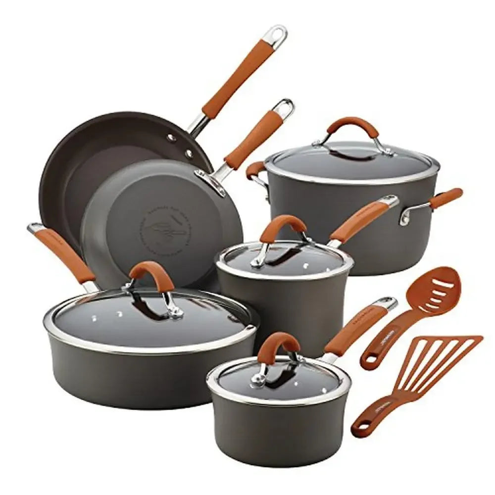 Hard Anodized Nonstick Cookware Set 12 Piece Gray Orange Handles Saucepans Stockpot Frying Pan Sauté Utensils Shatter Resistant