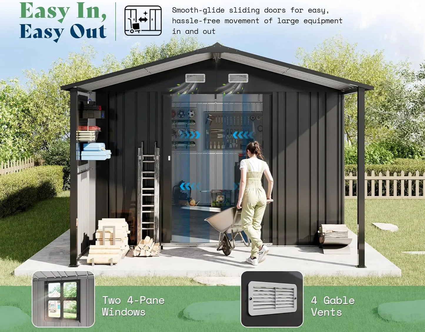 10x16.6x7.3 Ft Outdoor Storage Shed With Lounge Area And Sliding Doors 2 Windows