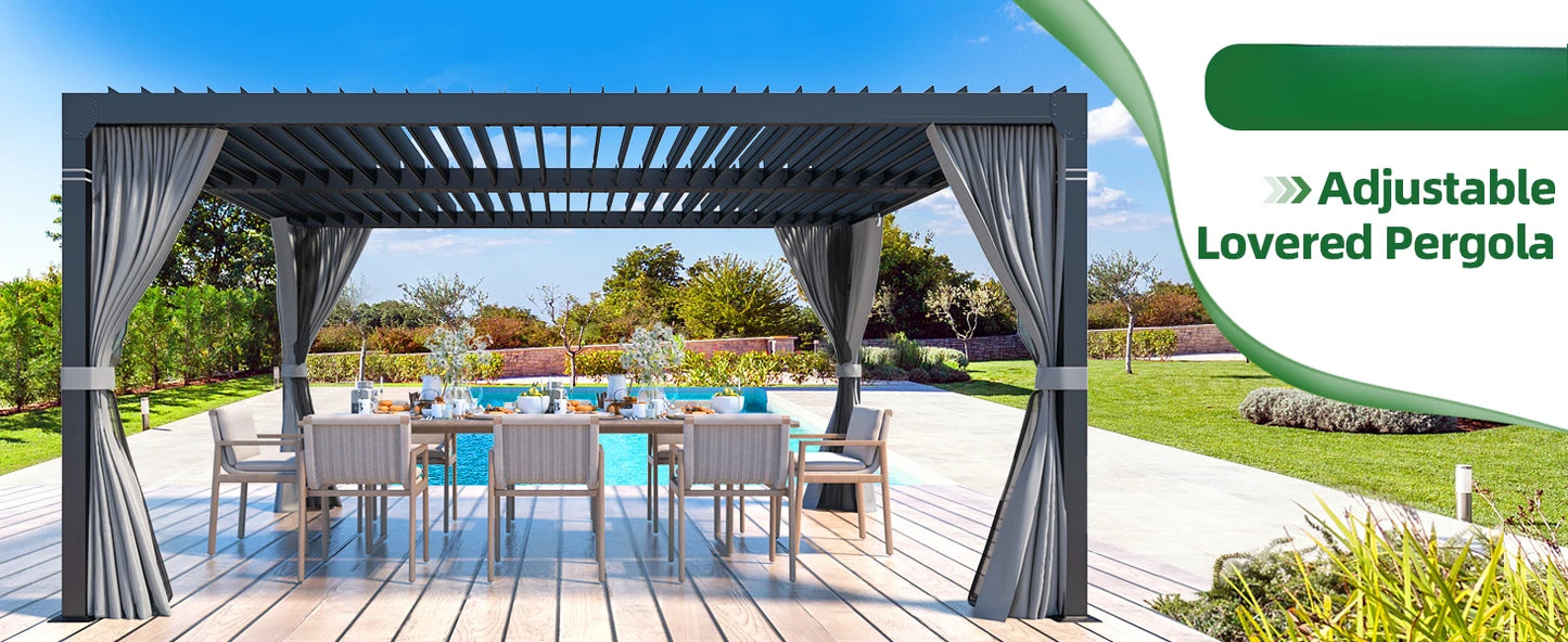 10x12 Aluminum Louvered Pergola With Adjustable Louvered Roof and Waterproof Curtains Outdoor Small Pergola