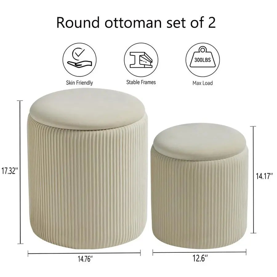 Set Of 2 Velvet Upholstered Storage Ottomans Vanity Stool Padded Seat For Makeup