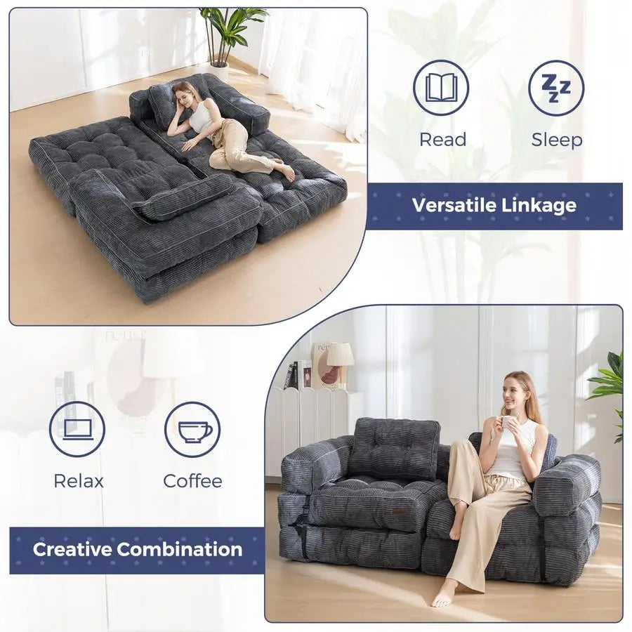 Folding Sofa Bed L Shaped Convertible With Armrest Pillow Portable Customized