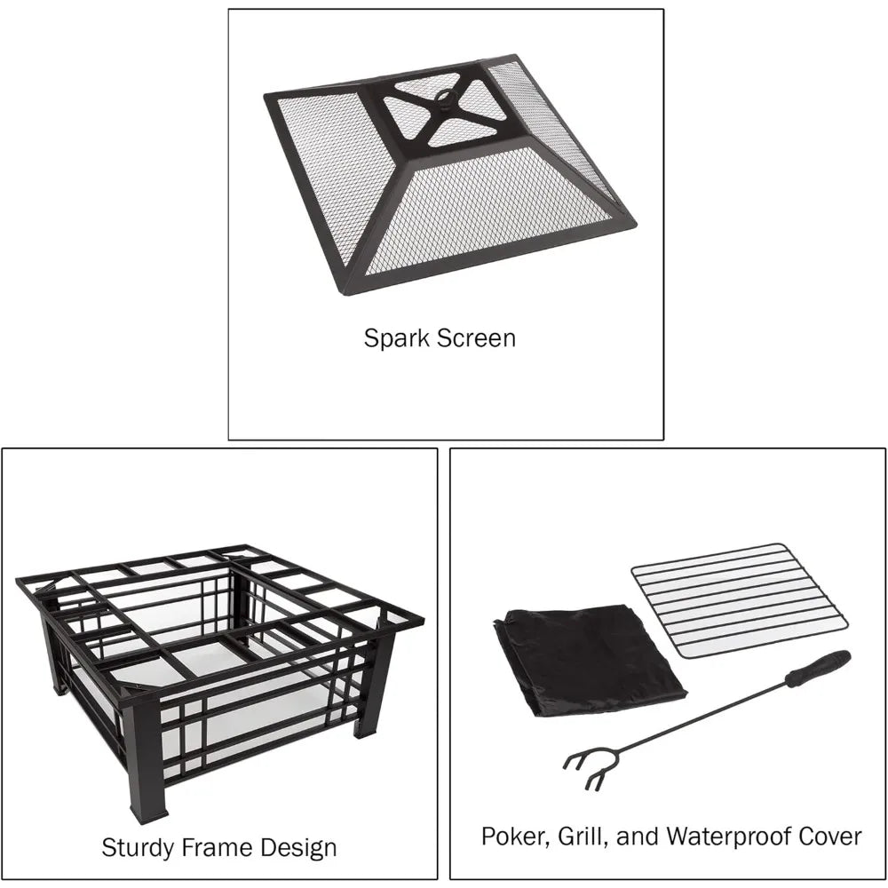 Fire Pit Set Wood Burning Spark Screen Outdoor Log Poker