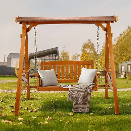 Durable Teak Outdoor Porch Swing With Cup Holder For Patio Yard And Garden