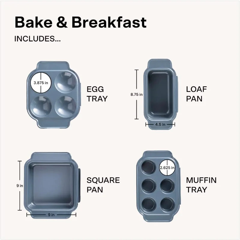 Home 4 Piece Bake and Breakfast Lite Accessory Set Premium Non Stick Bakeware Egg Pan Muffin Pan Loaf Baking Dish Square Brownie Tray