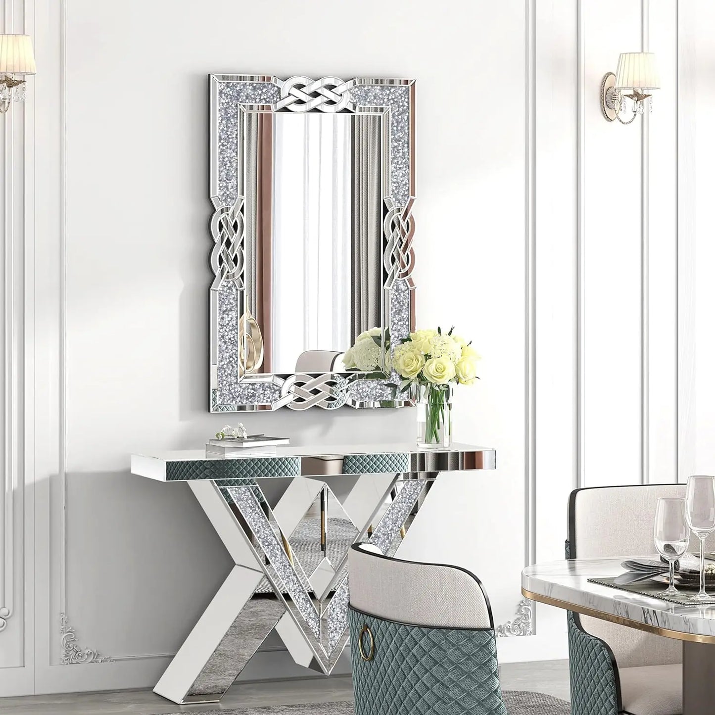 90 100 120CM Large Crystal Crush Diamond Mirror Vanity Silver Decorative Wall Hang Mirror for Bedroom Hallway Living Room