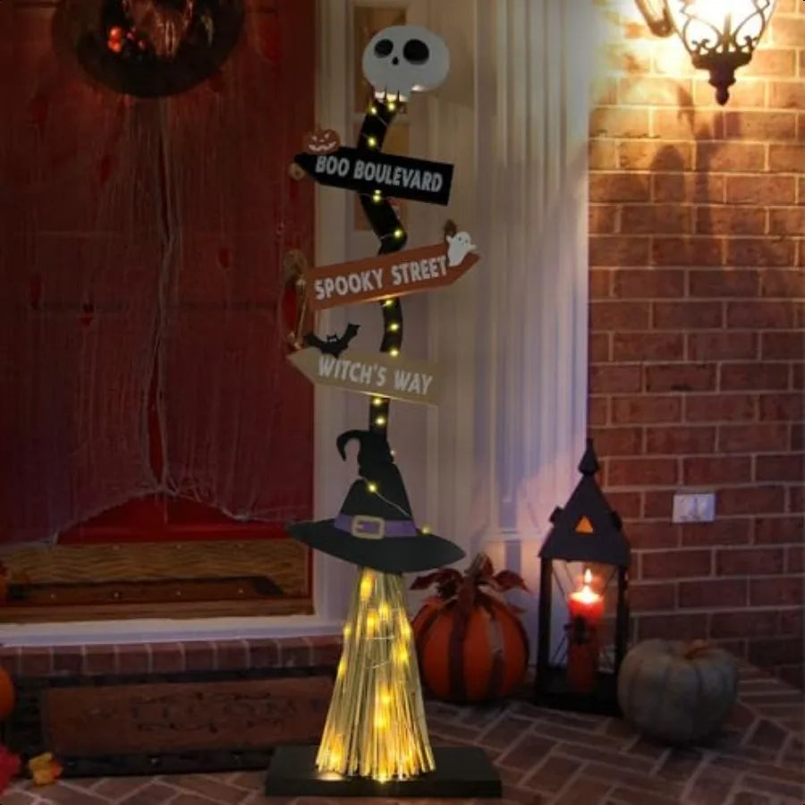 Lighted Halloween Wooden Witch Broom Indoor Outdoor Decor