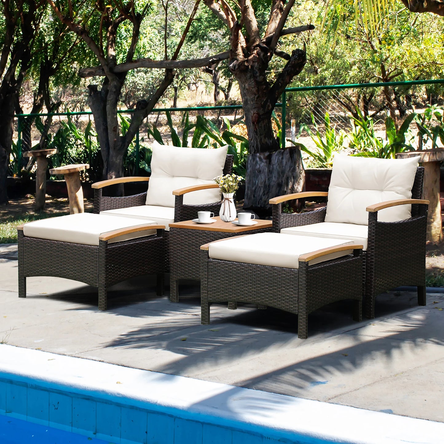 5 Piece Patio Rattan Furniture Set Sofa Ottoman Cushioned Table With Wood Top