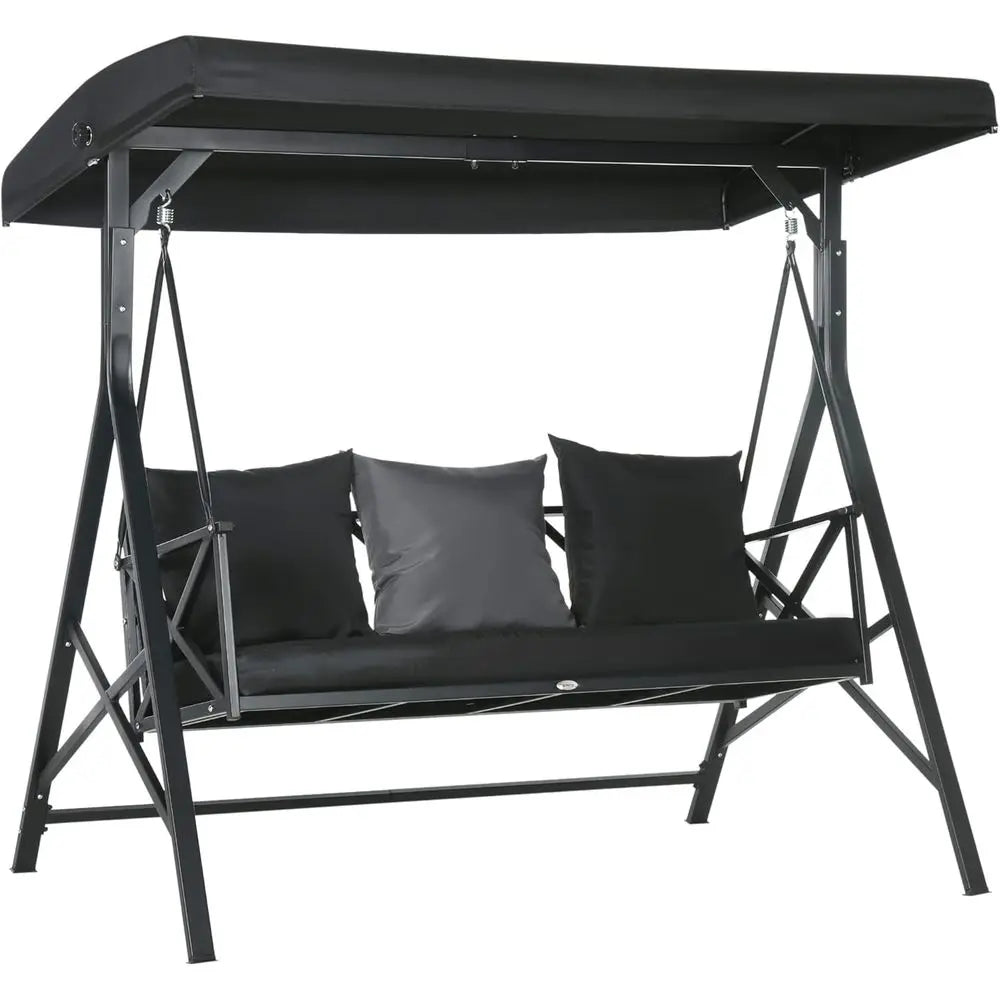 3 Seat Patio Swing with Cushions and Pillows Adjustable Glider Black