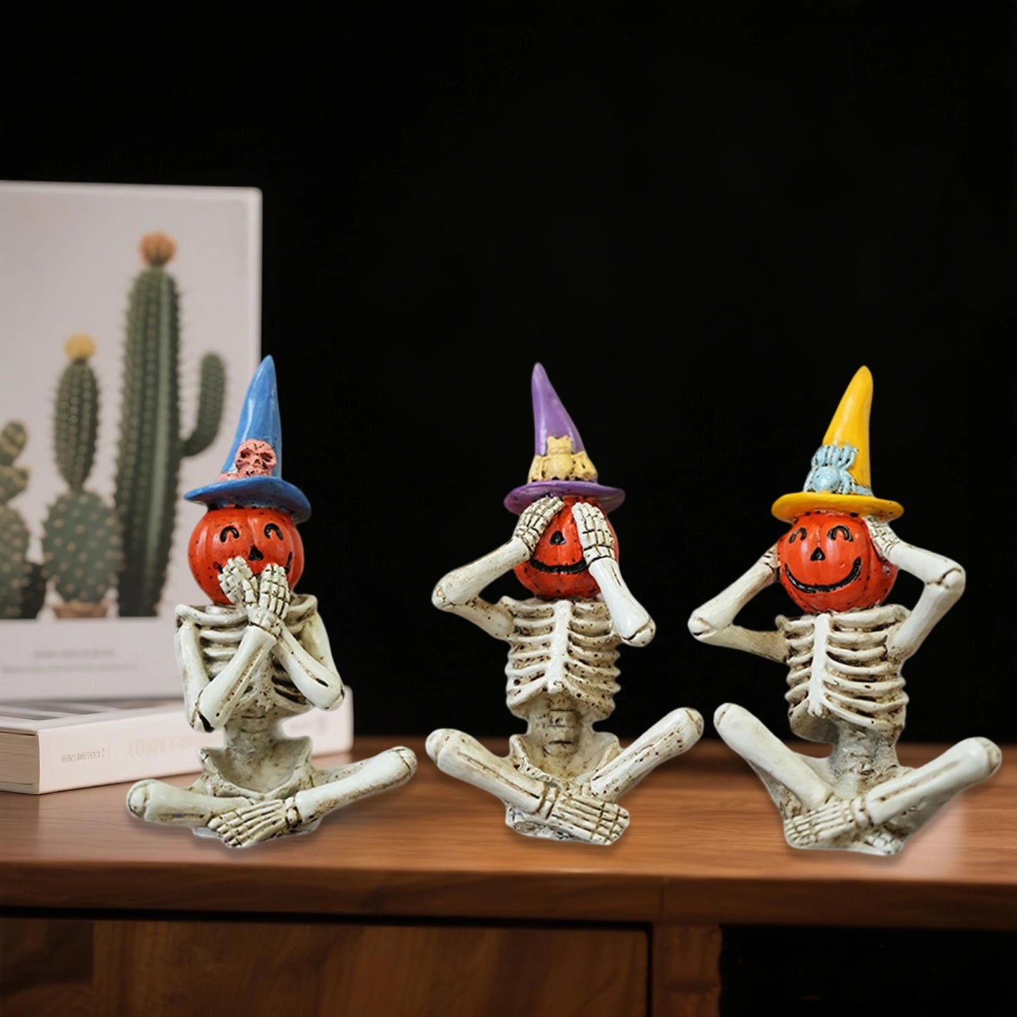 Haunted Skeleton Trio With Skulls And Black Cat Figurines