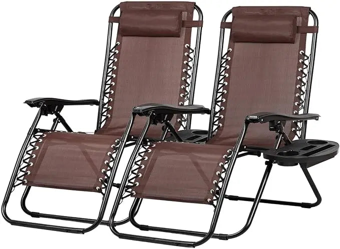 Set of 2 Adjustable Zero Gravity Lounge Chairs With Cup Holder and Pillow