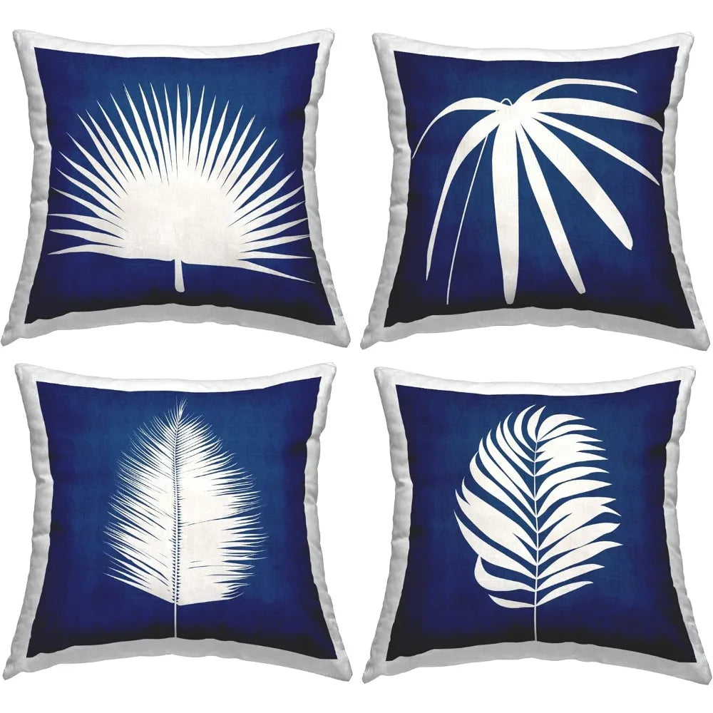 Bold Blue White Modern Botanical Leaf Design Throw Pillow Set of 4 18 x 18
