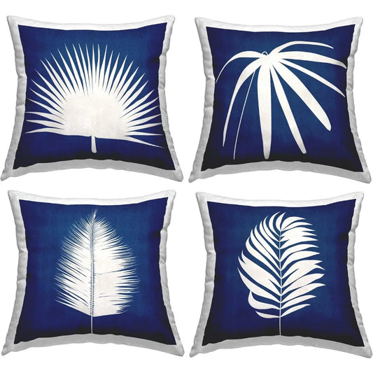 Bold Blue White Modern Botanical Leaf Design Throw Pillow Set of 4 18 x 18