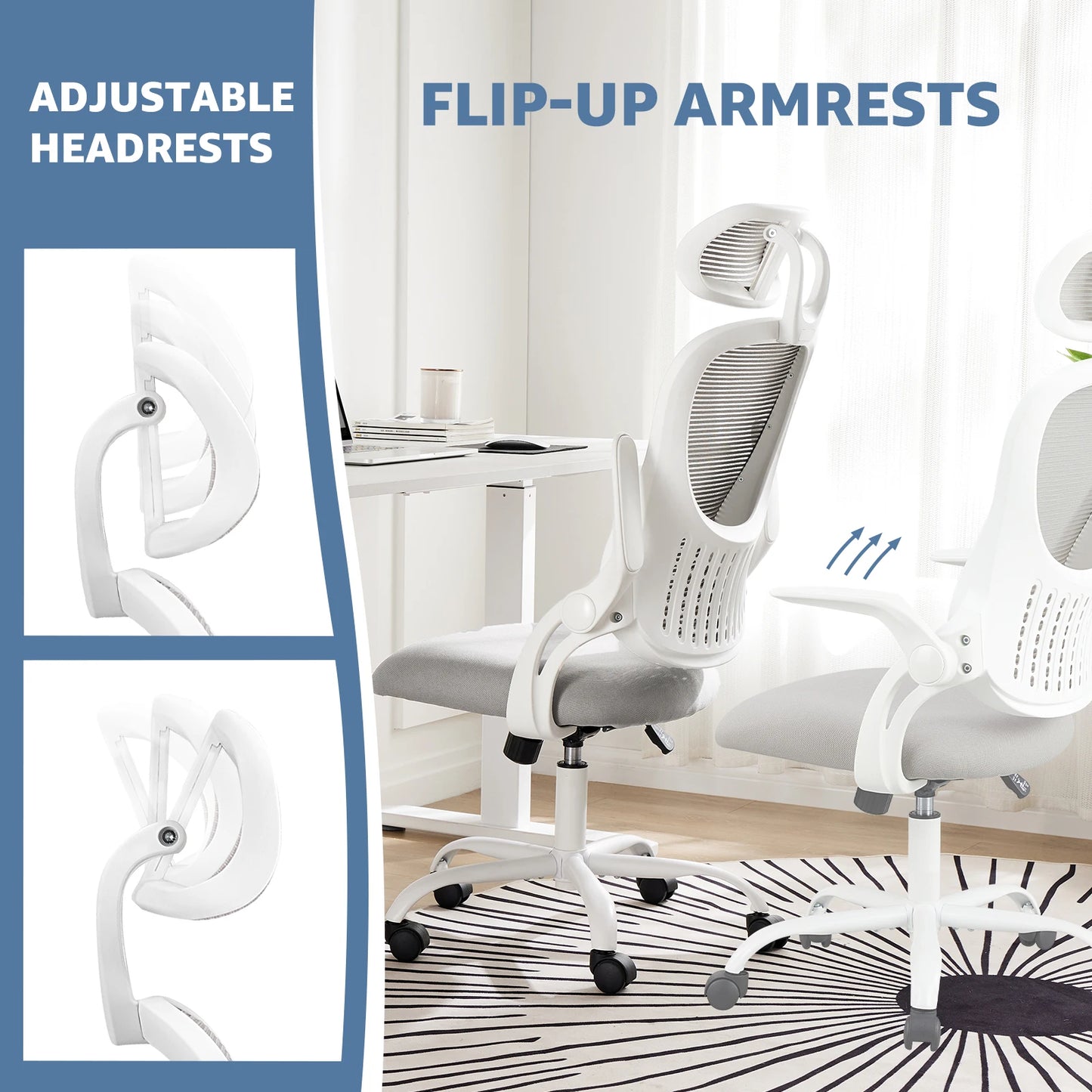 JHK Mesh Ergonomic Office Chair With Flip Up Arms And Adjustable Headrests