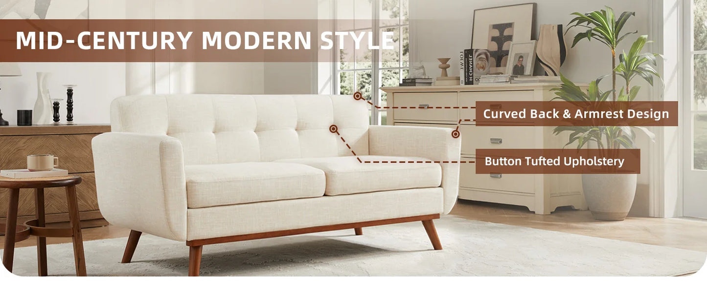 65.2 Inch Wide Loveseat Sofa Mid Century Modern Button Tufted