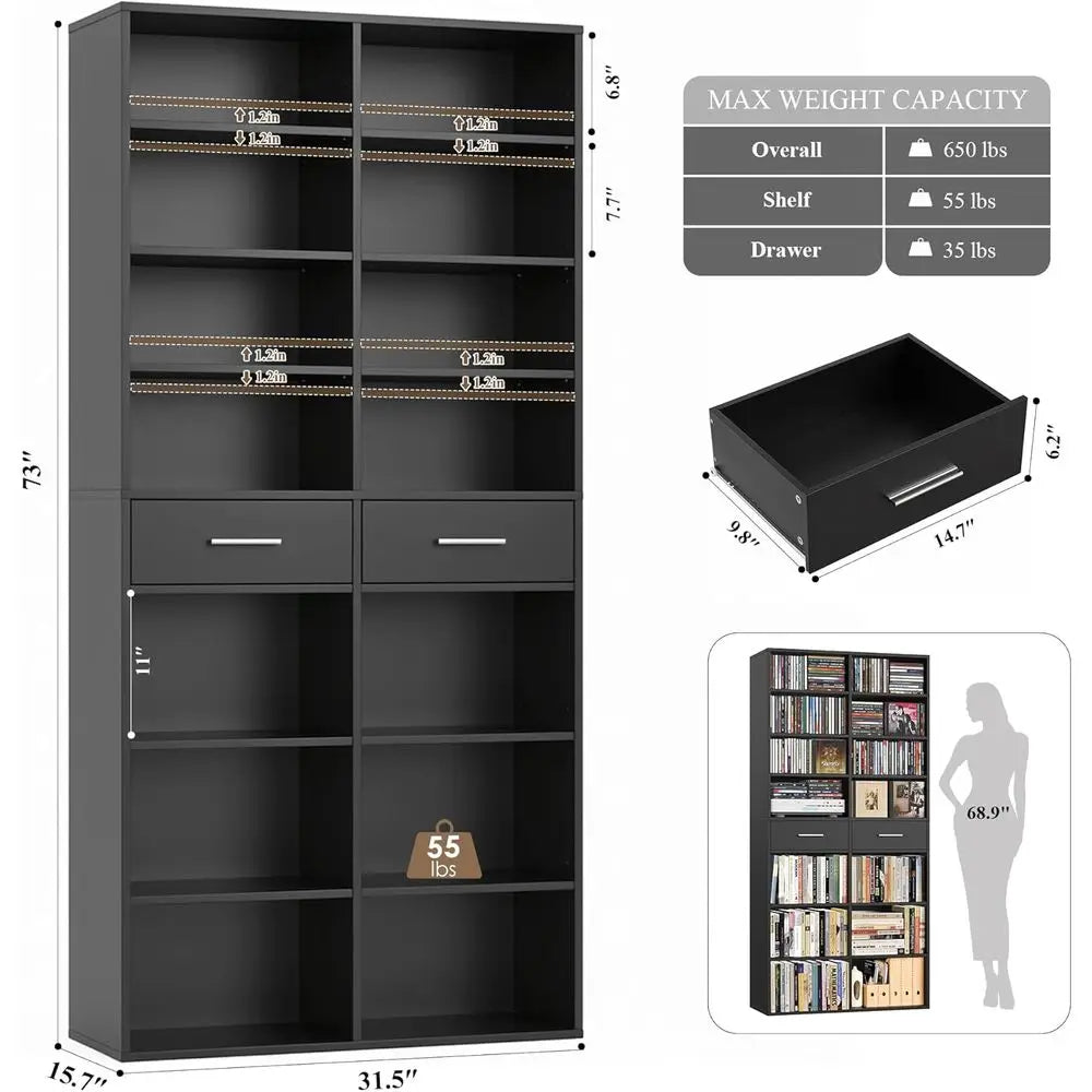 73 Inch High 7 Tier Black Wood Bookshelf Double Wide With Storage For CD DVD