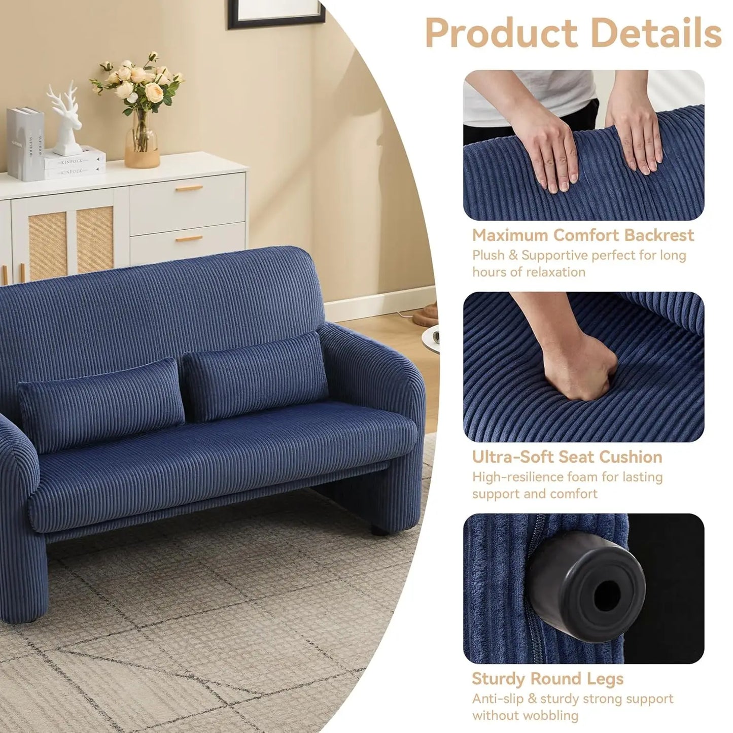 56 Inch Corduroy Loveseat Sofa 2 Seater For Small Spaces Modern Upholstered
