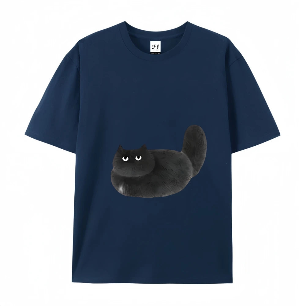 Womens Casual Black Cat Cartoon Print Short Sleeve TShirt Durable Machine Washable