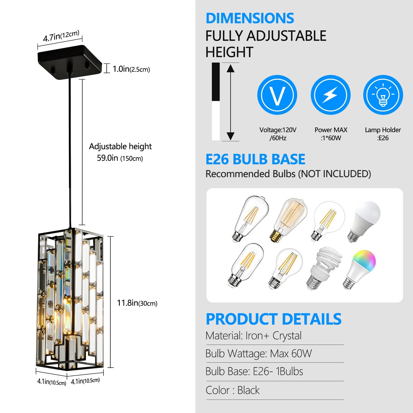 Arlgsit Modern Luxury Crystal Pendant Light 3 Pack Adjustable Hanging Ceiling Lamp Black Finish