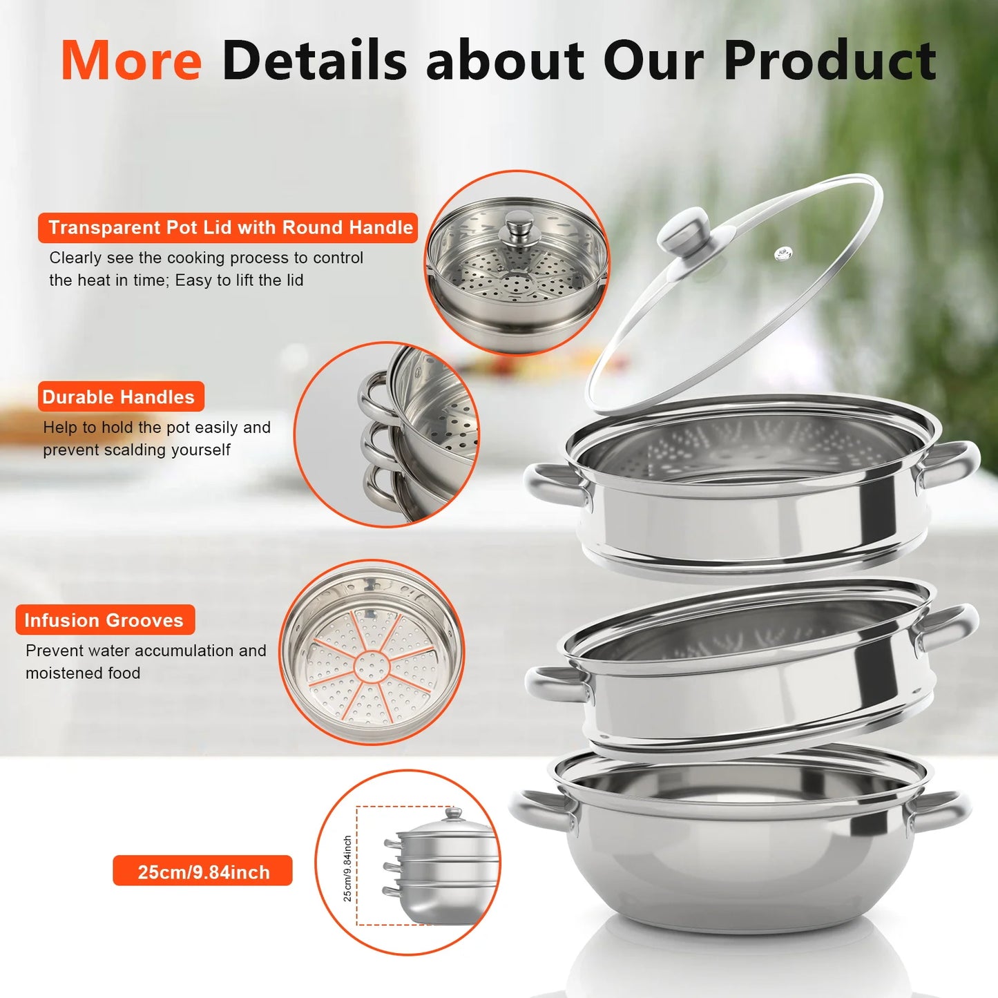 11 Inch 3 Tier Large Stainless Steel Steamer Pot Set with Glass Lid