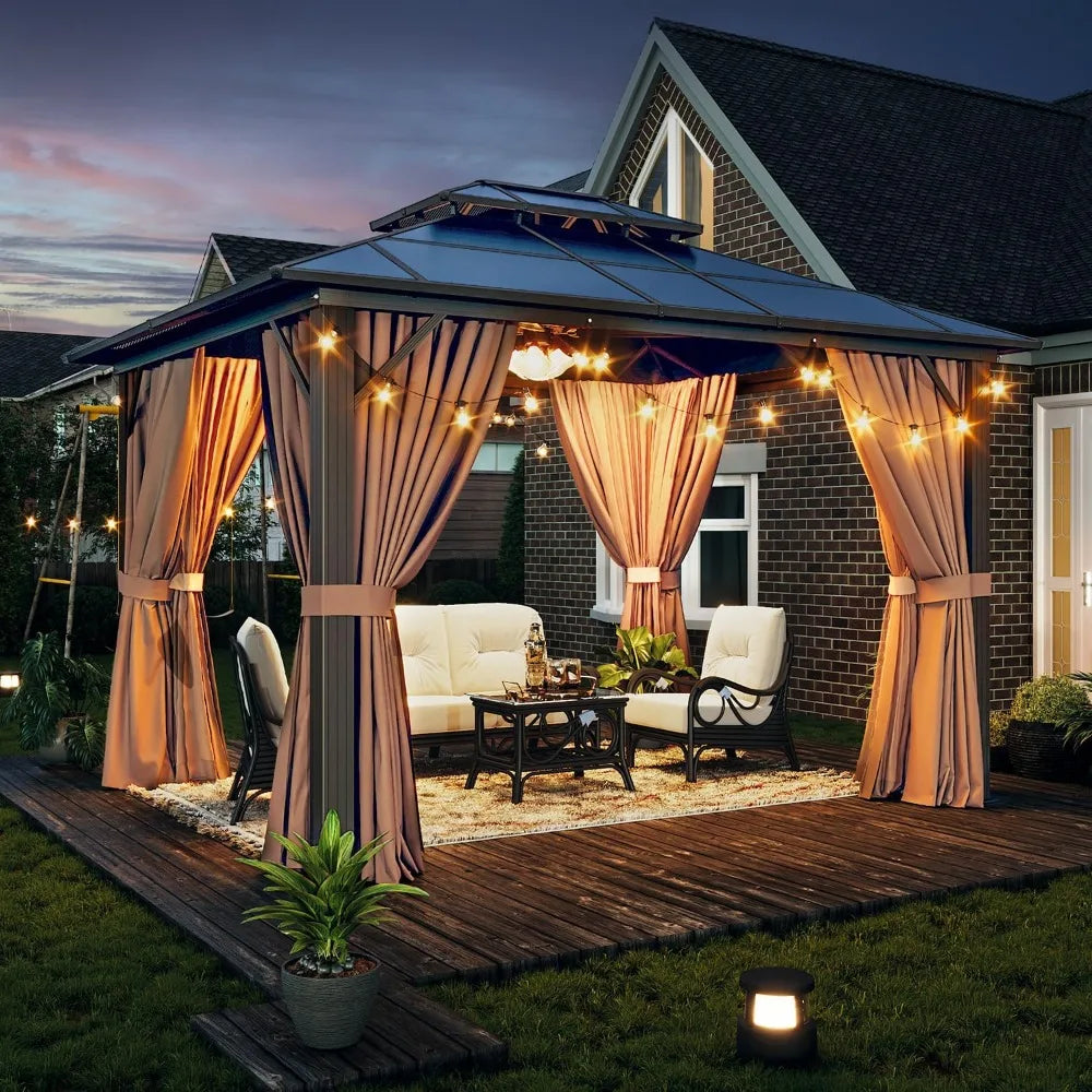 10x12ft Hardtop Gazebo With Aluminum Frame Netting And Curtains Outdoor Pavilion