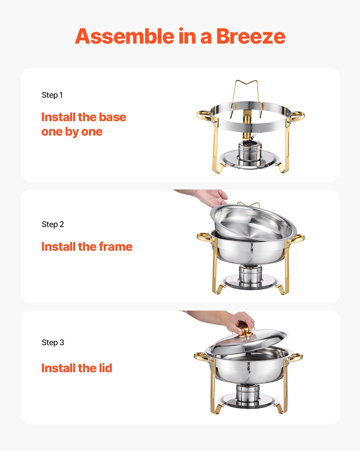 VEVOR 4 Pack Stainless Steel Chafing Dish Buffet Set with 4 Full Size Pan Round Catering Warmers for Party Banquets