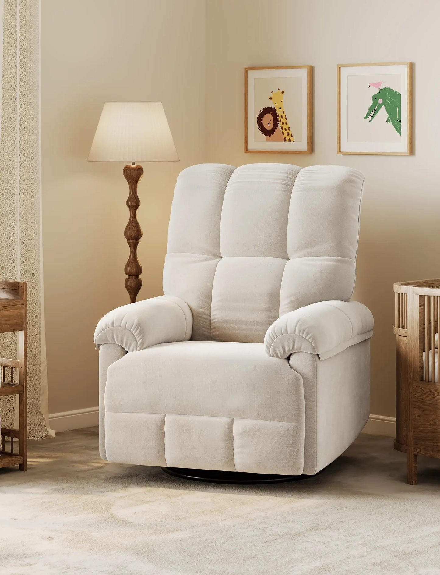 Oversized Overstuffed Chenille Recliner With Swivel Rocker And Padded Armrests