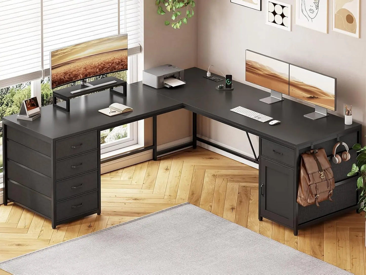 63 Inch L Shaped Corner Desk With 5 Drawers And Power Outlet For Home Office