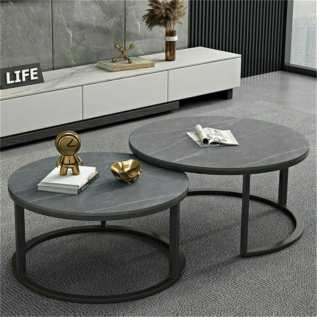 Modern Nesting Grey Marble Top Coffee Table Set Metal Legs