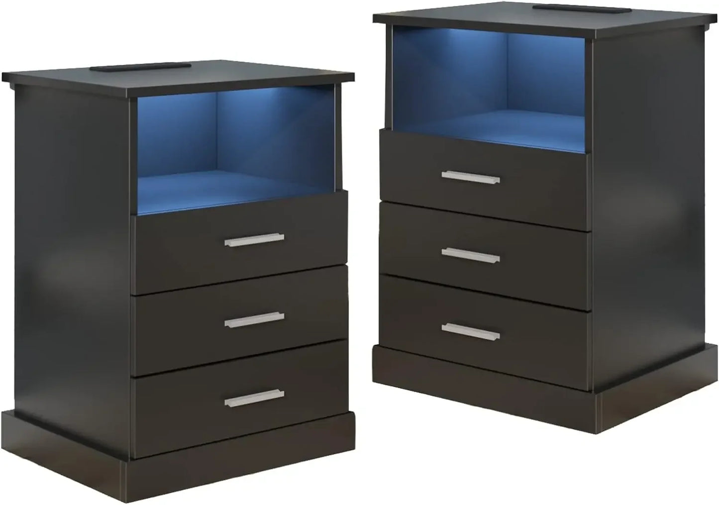 Nightstand With Charging Station LED Lights Drawers