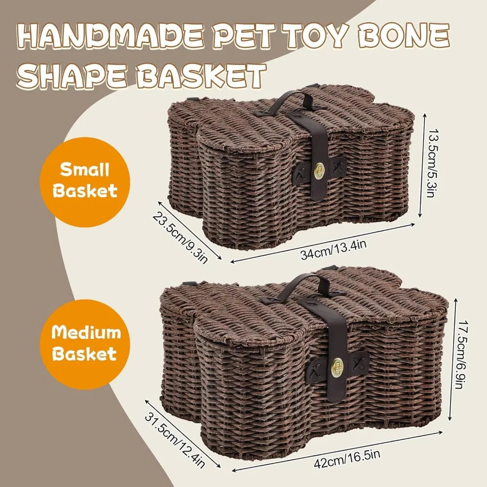 2 Set Large Small Dog Toy Basket Lid Bone Shaped Wicker