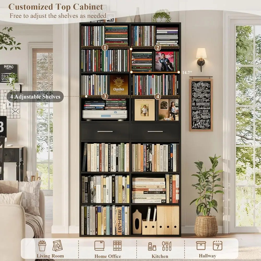 73 Inch High 7 Tier Black Wood Bookshelf Double Wide With Storage For CD DVD