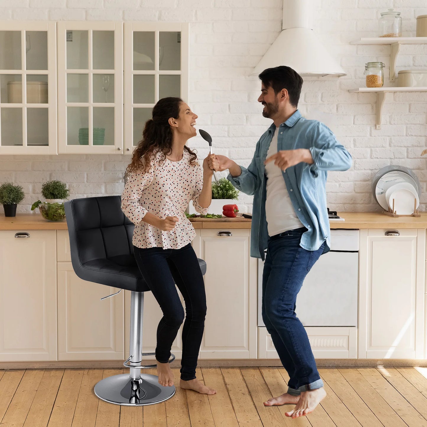 JHK PU Leather Bar Stools Set Of 2 Counter Height With SGS Gas Cylinder