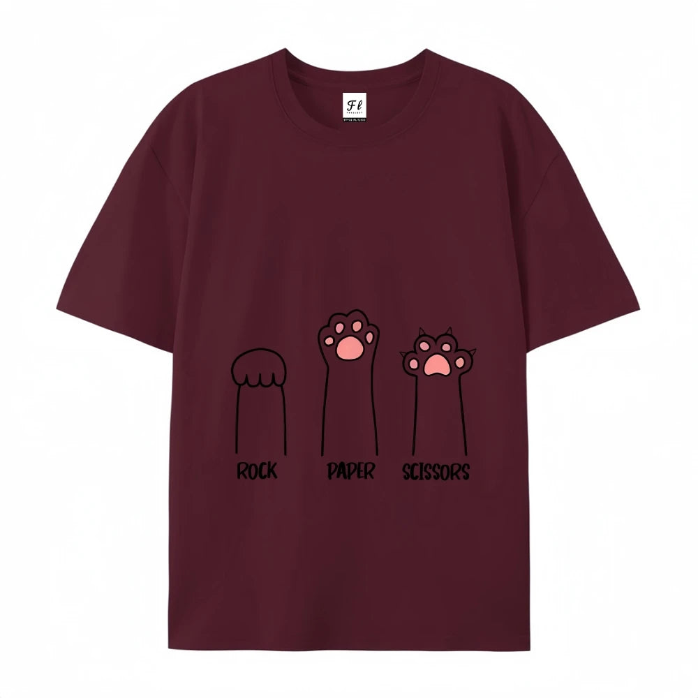 Rock Paper Scissors Cat Print T Shirt Women Oversize Cotton Summer Crewneck