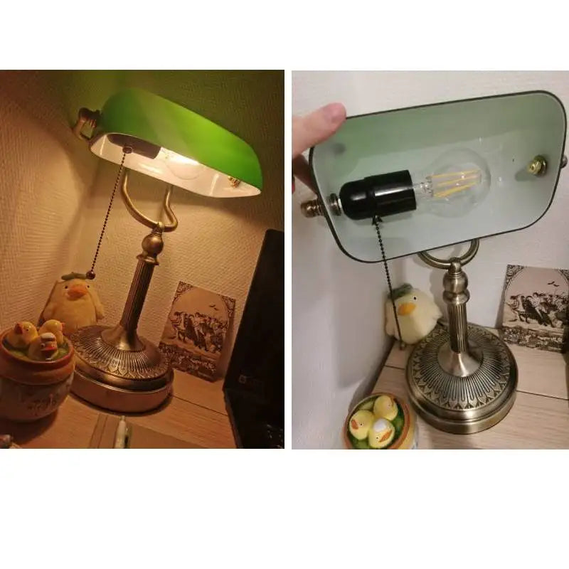 Classical Green and White Glass Bankers Desk Lamp with Zipper Switch for Living Room Bedroom and Bedside Sofa Table
