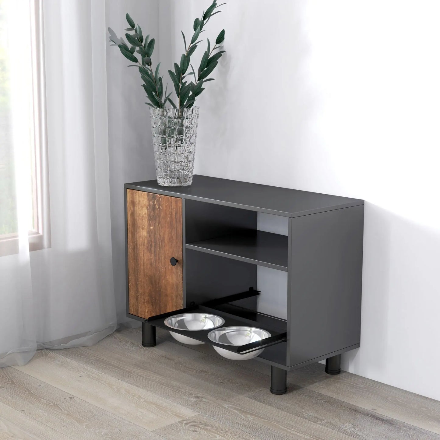 Wooden Pet Feeding Table With Food Storage Cabinet And Double Pullout Bowls