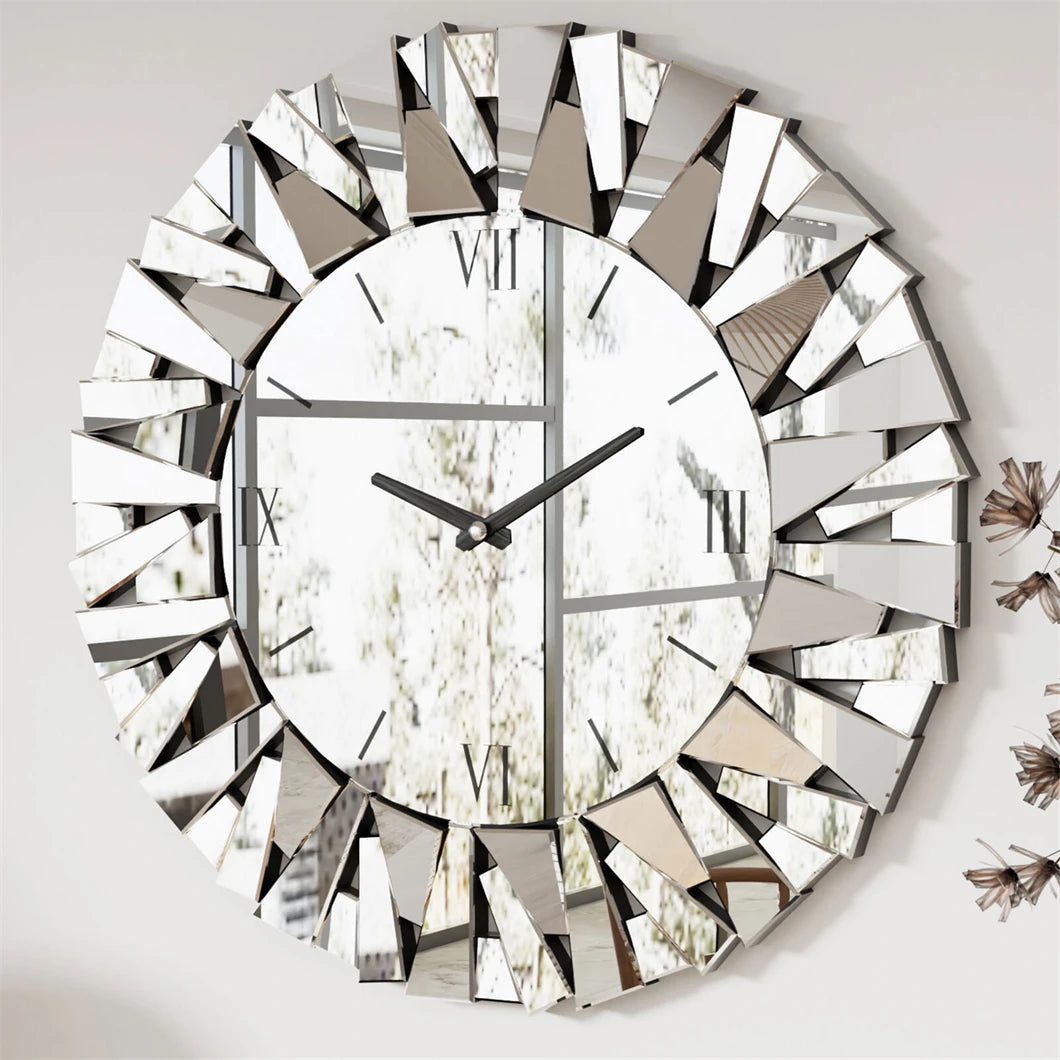 Large Wall Clock 3D Mirrored Sunburst Edge 32 Inch Round Roman Numeral Modern Living Room Dining Room Decor