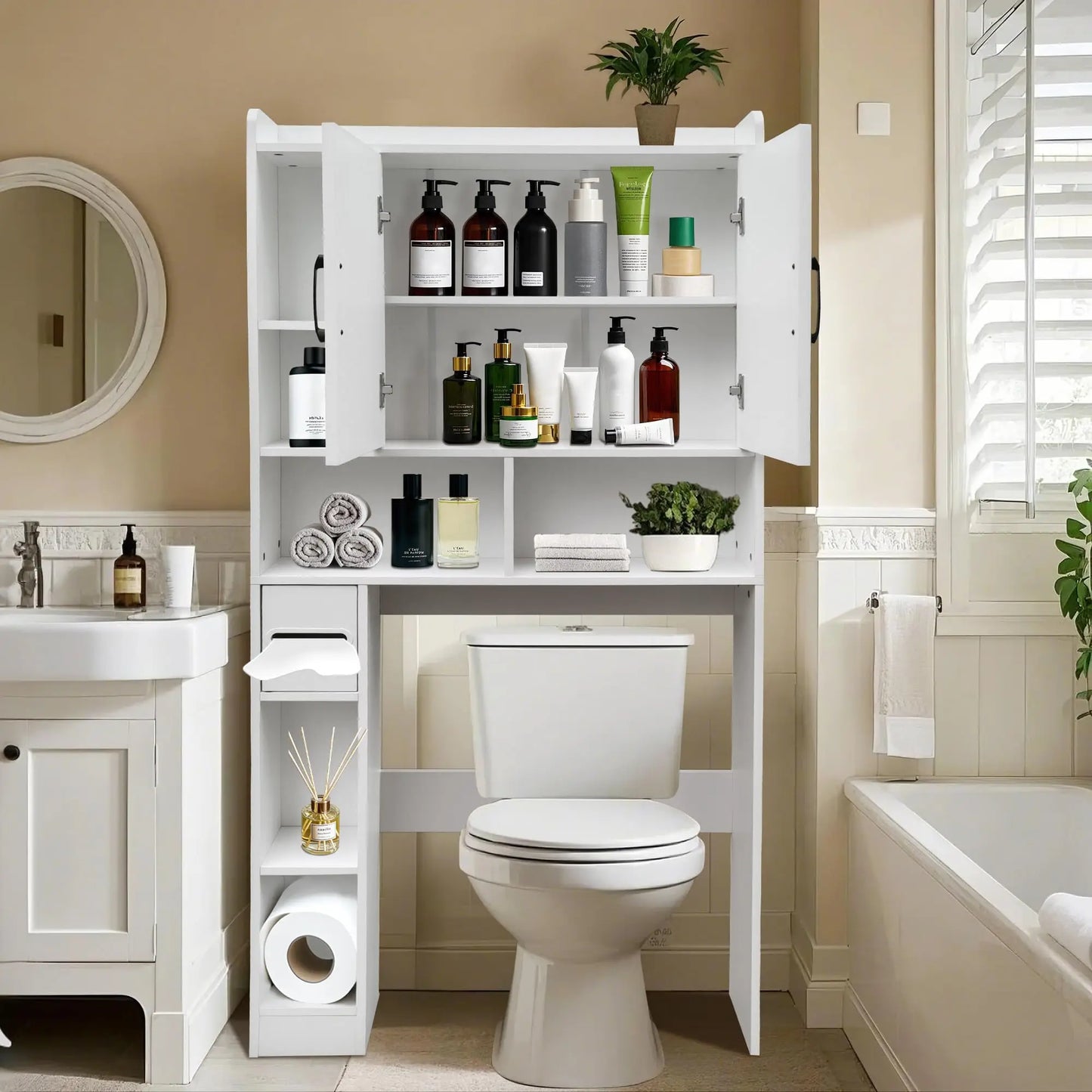 Over The Toilet Storage Cabinet 2 Doors Toilet Paper Holder