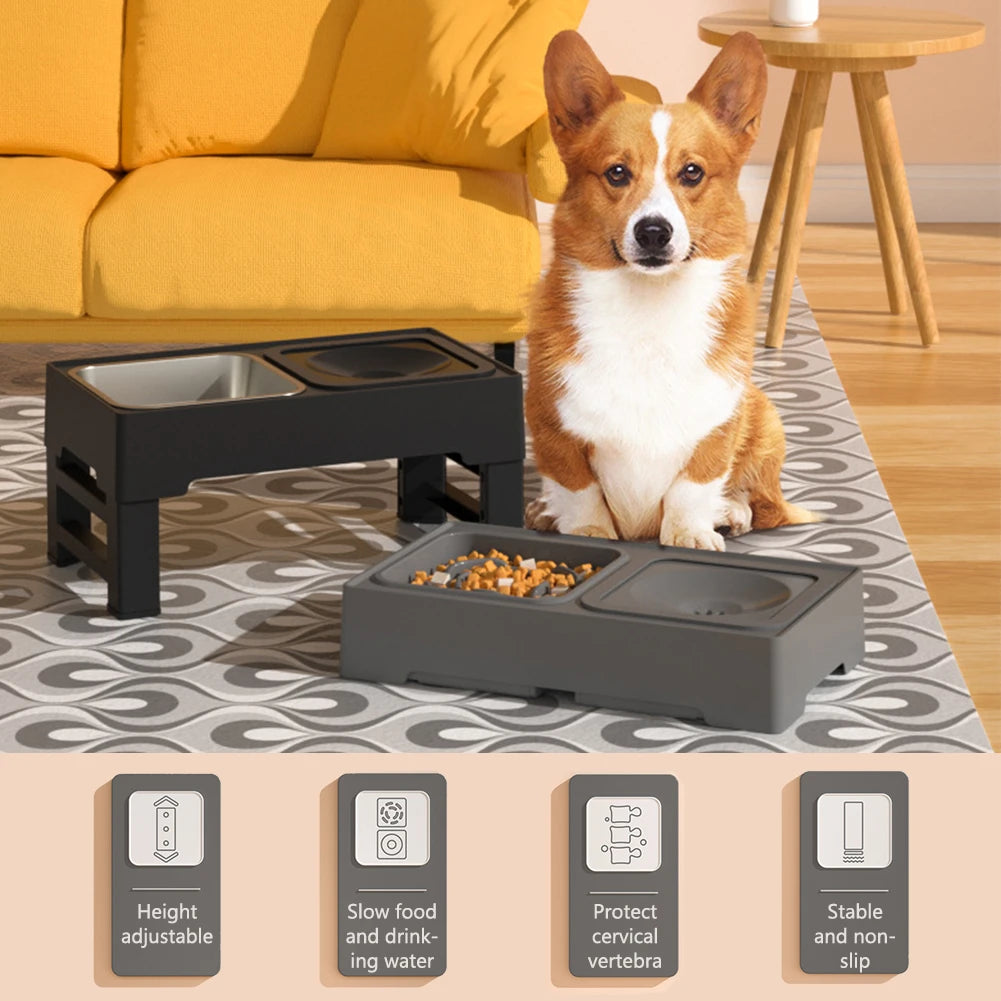 3 In 1 Stainless Steel Slow Feed Water Bowl Adjustable Height For Dogs And Cats