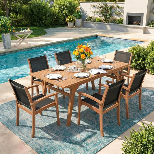 Six To Eight Seater Acacia Wood Dining With Expandable Table Umbrella Hole Black